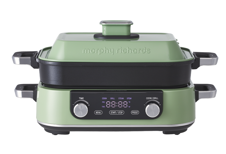 Upgraded 1600W for faster heating | Elegant engineered design | Large digital touch screen with smart menu | Deep Pan, Griddle Pan & Steam Tray cooking accessories | Green