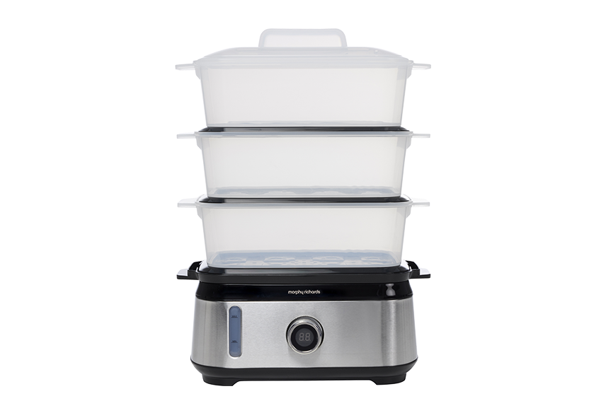 9L capacity | 3 stackable steam trays | 60 minute digital timer in 1 minute increments | Visible water window | External water filling inlets | BPA Free| Stainless Steel