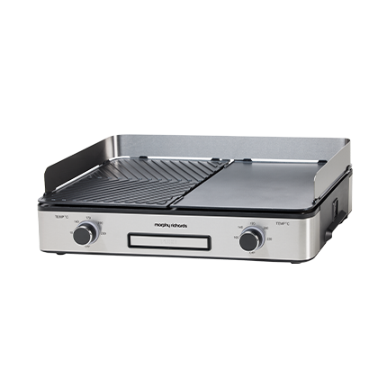 2400W of powerful heating up to 230°C | Preheats in 5 minutes | Easy to clean non-stick coating plates | LED dial indicator lights | Stainless steel